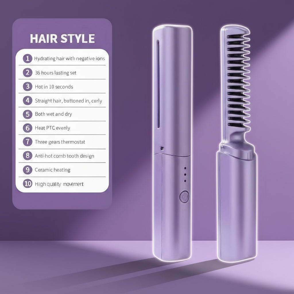 Wireless Hair Hot Comb Portable Mini USB Rechargeable Hair Straightener Fast Heating Hair Straightening Styling Tool