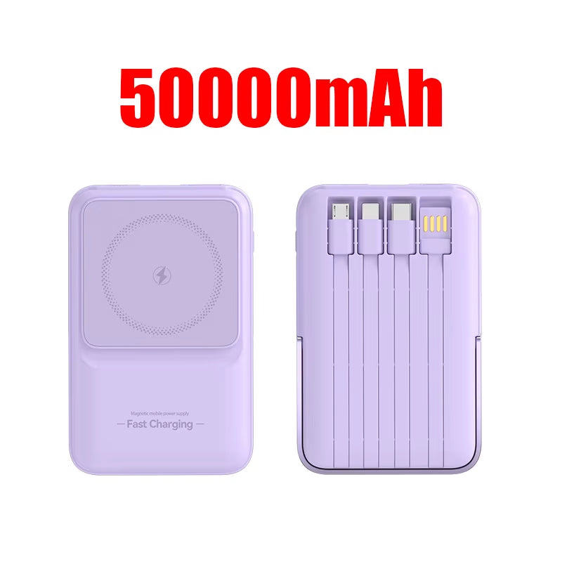 Wireless Magnetic Power Bank Built-In 4 Wire Portable 50000Mah External Battery with Stand Power Bank for Iphone Samsung