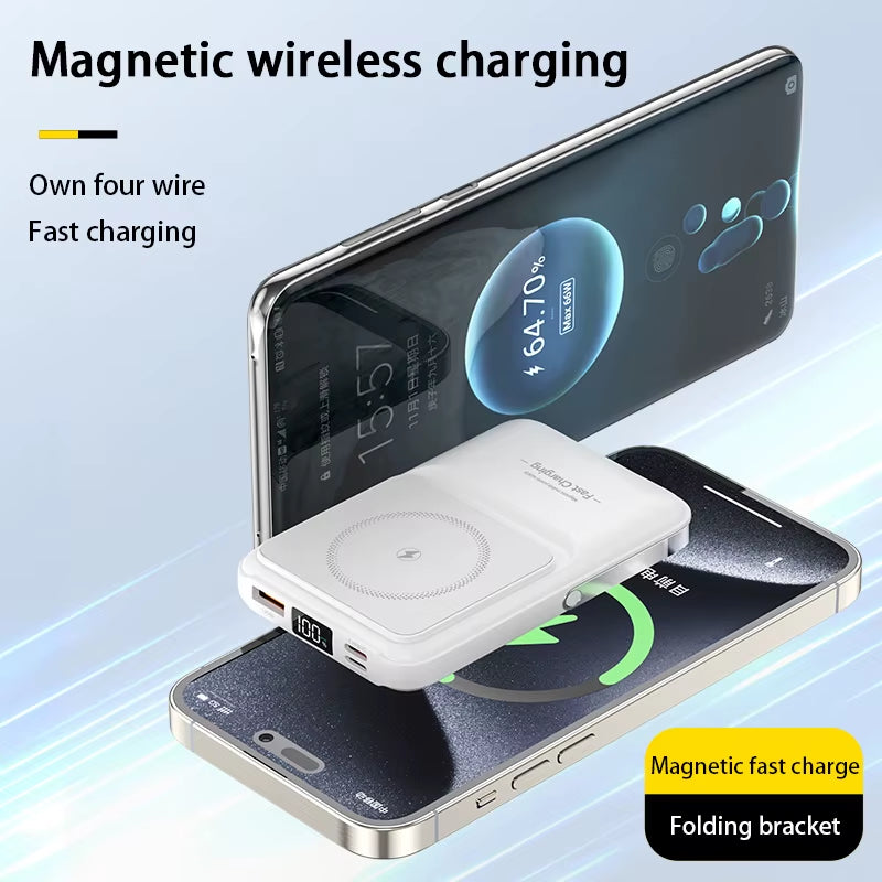 Wireless Magnetic Power Bank Built-In 4 Wire Portable 50000Mah External Battery with Stand Power Bank for Iphone Samsung