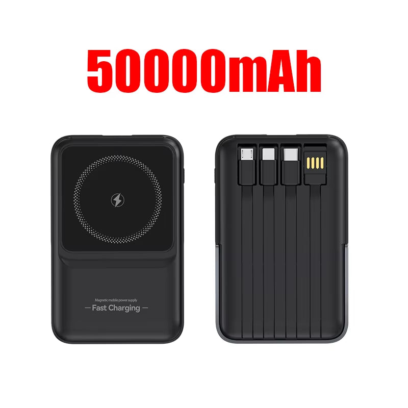 Wireless Magnetic Power Bank Built-In 4 Wire Portable 50000Mah External Battery with Stand Power Bank for Iphone Samsung