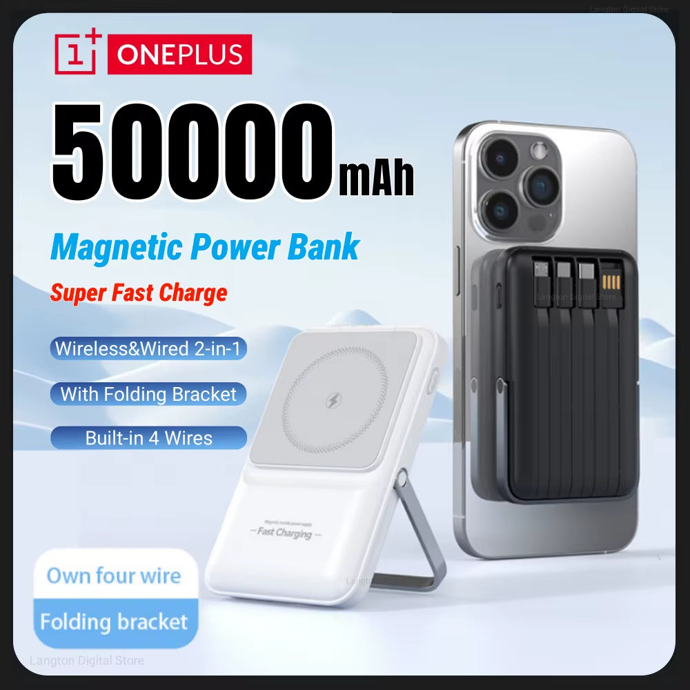 Wireless Magnetic Power Bank Built-In 4 Wire Portable 50000Mah External Battery with Stand Power Bank for Iphone Samsung