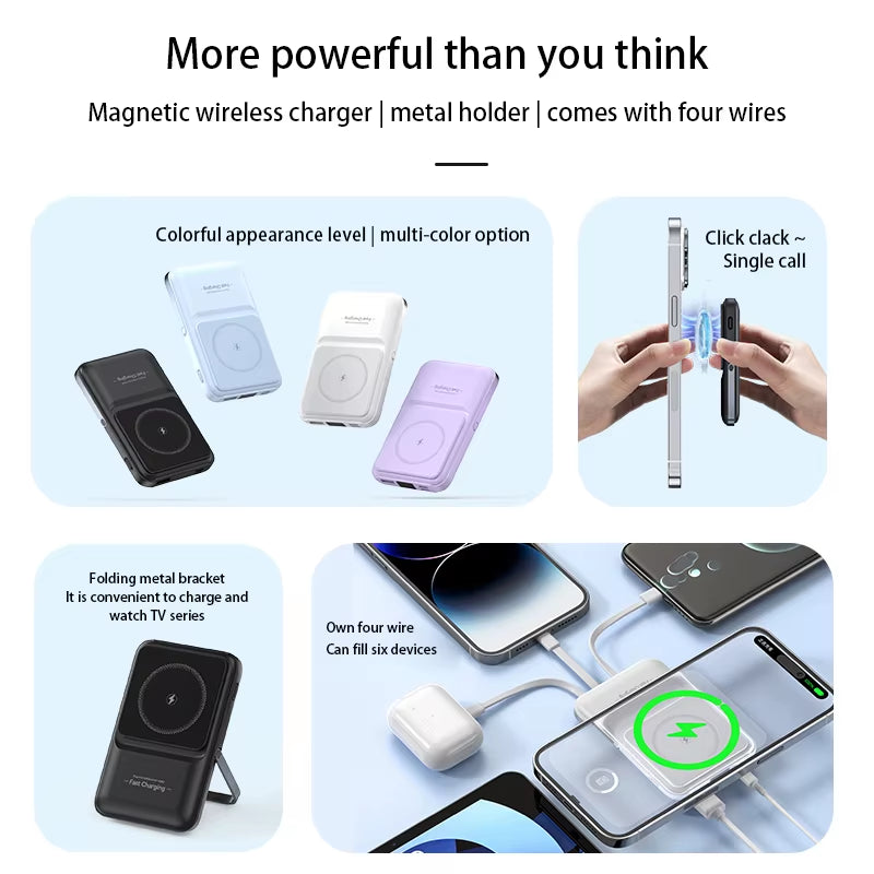 Wireless Magnetic Power Bank Built-In 4 Wire Portable 50000Mah External Battery with Stand Power Bank for Iphone Samsung