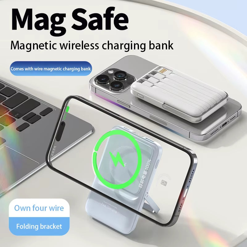Wireless Magnetic Power Bank Built-In 4 Wire Portable 50000Mah External Battery with Stand Power Bank for Iphone Samsung