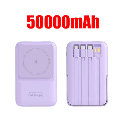 Wireless Magnetic Power Bank Built-In 4 Wire Portable 50000Mah External Battery with Stand Power Bank for Iphone Samsung