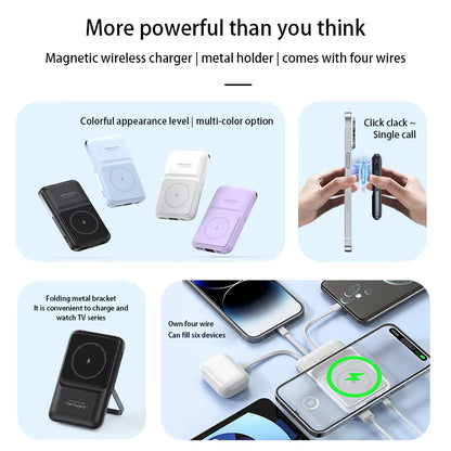 Wireless Magnetic Power Bank Built-In 4 Wire Portable 50000Mah External Battery with Stand Power Bank for Iphone Samsung